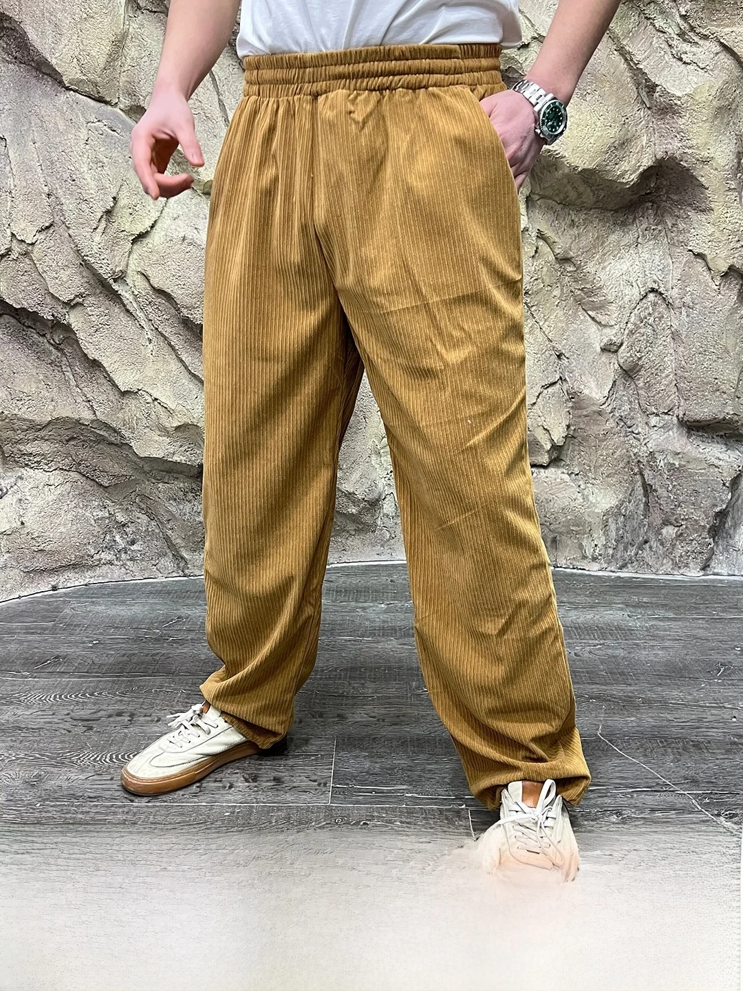 Corduroy Loose Waist Casual Pants Mens  Color Texture Skin-friendly Autumn Winter Straight Leg Elastic Waist Leisure Tro...