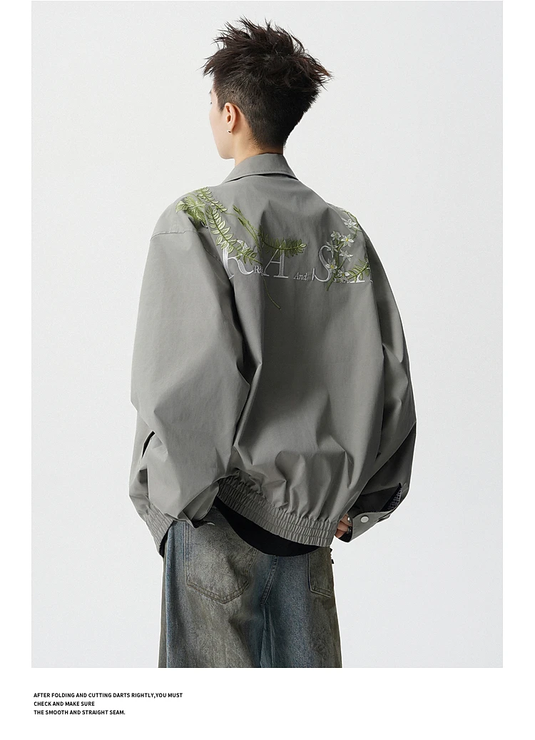 American Fashion Trendy Cool Youth Mens Bomber Jacket Heavy Industry Flower Embroidery Zipper Loose Casual Short Coat Men's Top