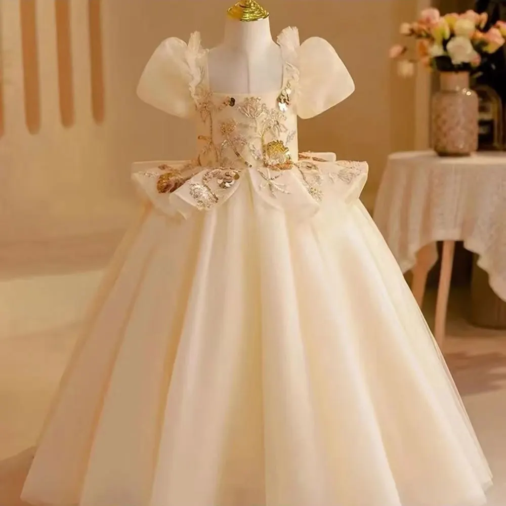 

Jill Wish Elegant Beige Dubai Girl Dress Beading Arabic Princess Kids Wedding Birthday Party Ball Gown Holy Communion 2024 J243