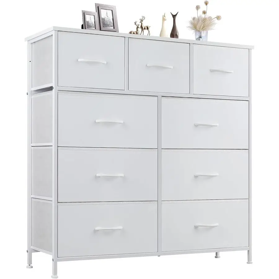 

Dresser for Bedroom, Storage Organizer with 9 Drawers, Chest of Drawers with Fabric Bins, Sturdy Metal Frame, Wood Tabletop for