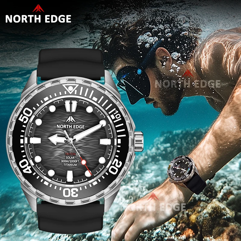 NORTH EDGE TRITON-TI Titanium Solar-Powered Quartz Watch Men's Diving Swimming Waterproof 300M Sports Watches Luminous Hands 180+ Days Standby