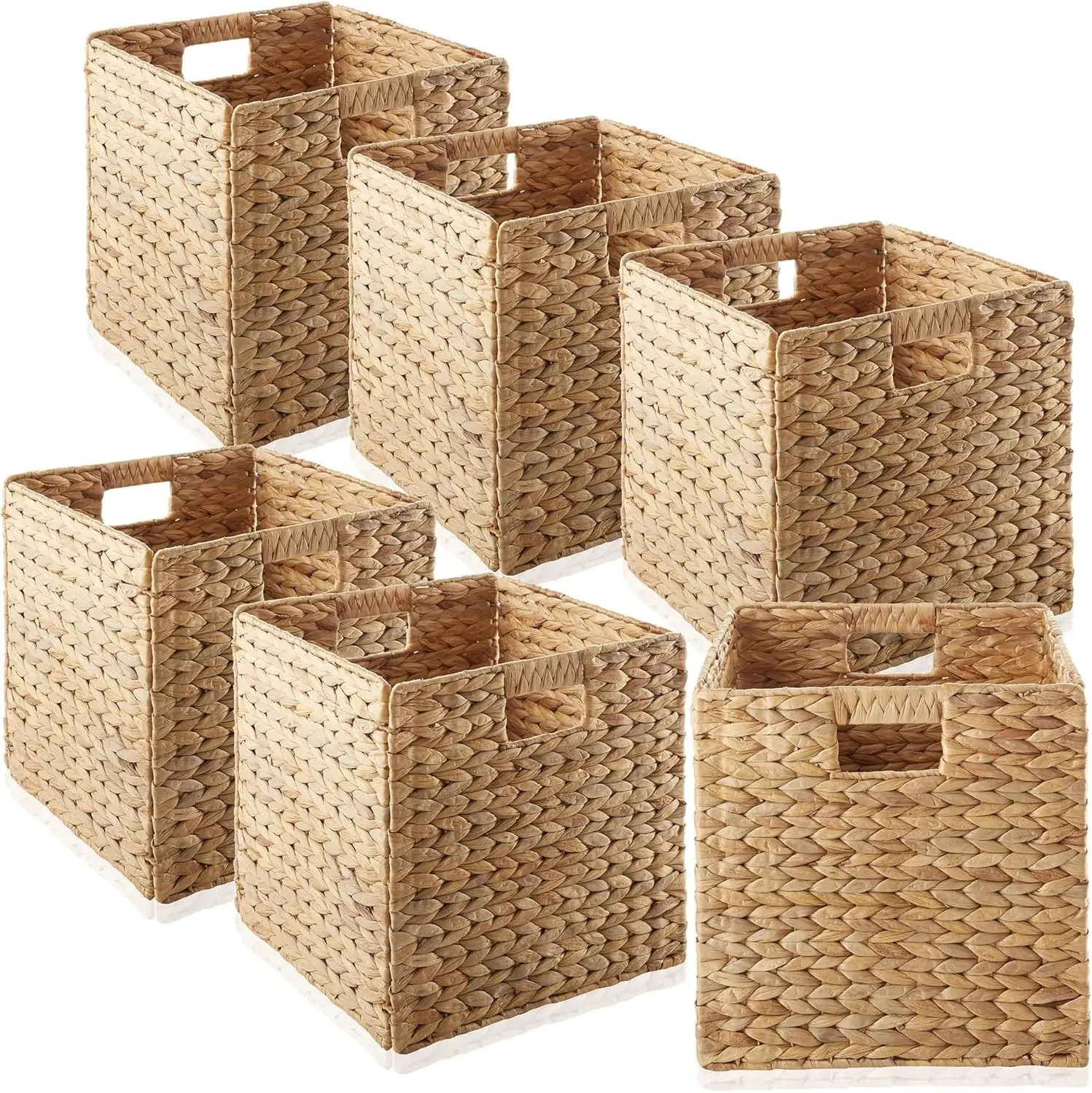 

Set of 6 Natural Water Hyacinth Storage Cubes, 12x12, Foldable Baskets for Shelves, Eco-Friendly Handwoven Organizer Bins