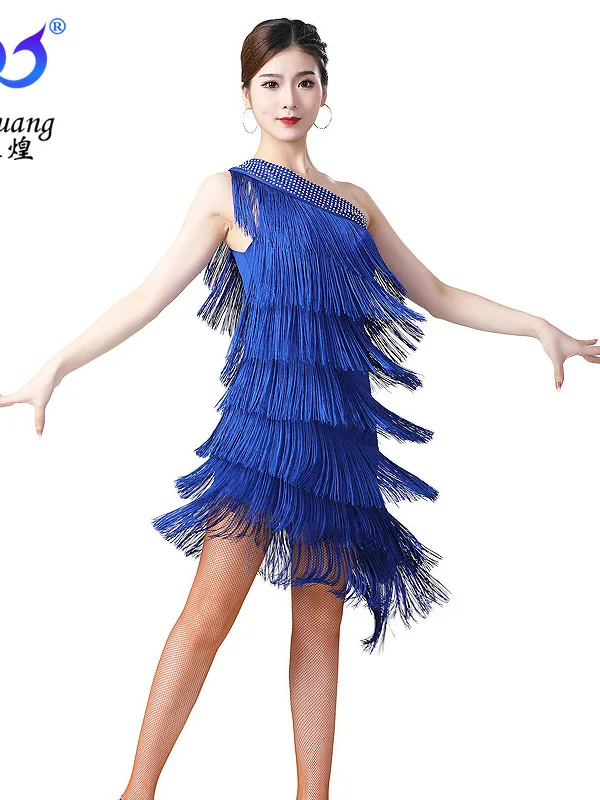 Latin Dance Performance Costume Ballroom Dance Tassel Dress Belly Dance Chacha Stage Competition Dress Slant Shoulder Prom Dress