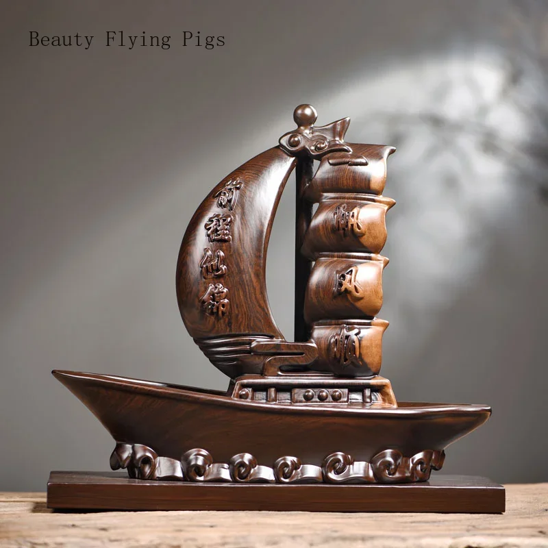 

1PCS Solid Wood Carving Boat Ornament Living Room Study Office Desk Crafts Relocation Opening Gift home accessories