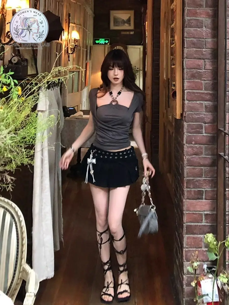 Y2K Cross Wrap Ring Halter Top Women Charcoal Grey Slim Fit Short Sleeve T Shirt Dark Grunge Summer Streetwear Party Crop Tees