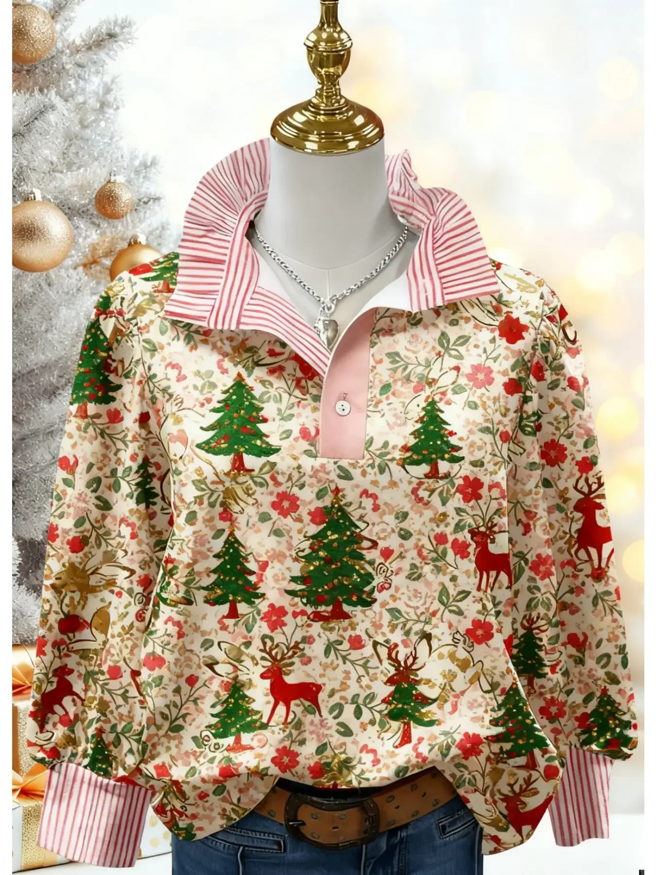 

Ladies' elegant top long sleeved shirt, stand up collar style, Comfortable fit, women's shirt, multiple Christmas new styles.