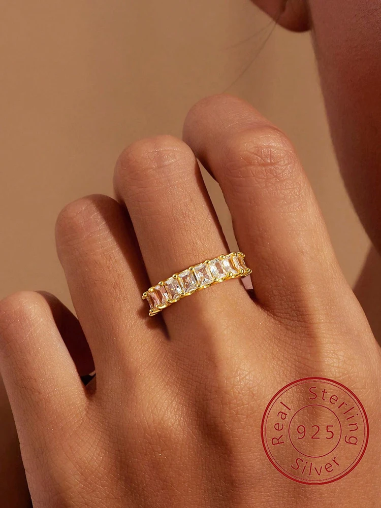 

925 Sterling Silver Wedding Rings Brilliant Rectangle Full Zirconia Temperament Elegant Lady Rings Engagement Band Trend Jewelry