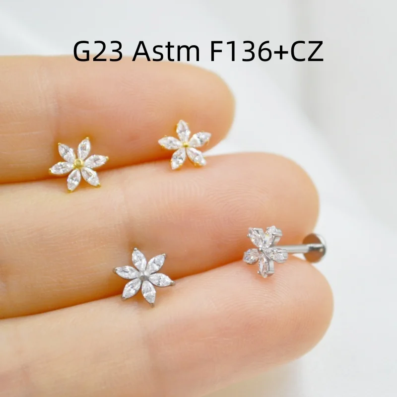 Lot10pcs G23 Titanium Astm F136 Flower CZ  Lip Labret Ring Bar Ear Cartilage Helix Rook Tragus Studs 16G Body Piercing Jewelry