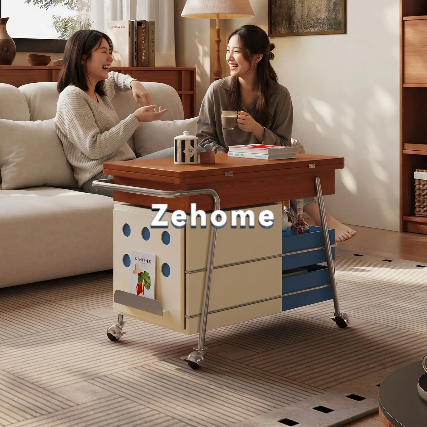 Solid wood movable coffee table foldable lifting sofa side cabinet living room Bauhaus new trolley sofa side table