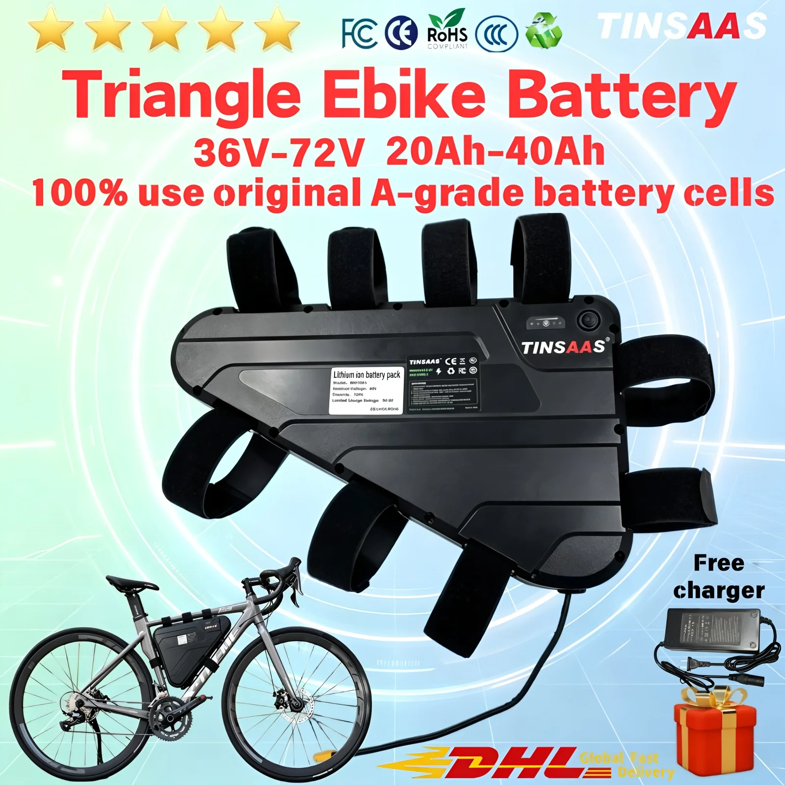 Electric Bike Triangle 21700 Battery Cell 36V 48V 52V 60V 72V Suitable For Long-distance Cycling For 250W-3000W Motors
