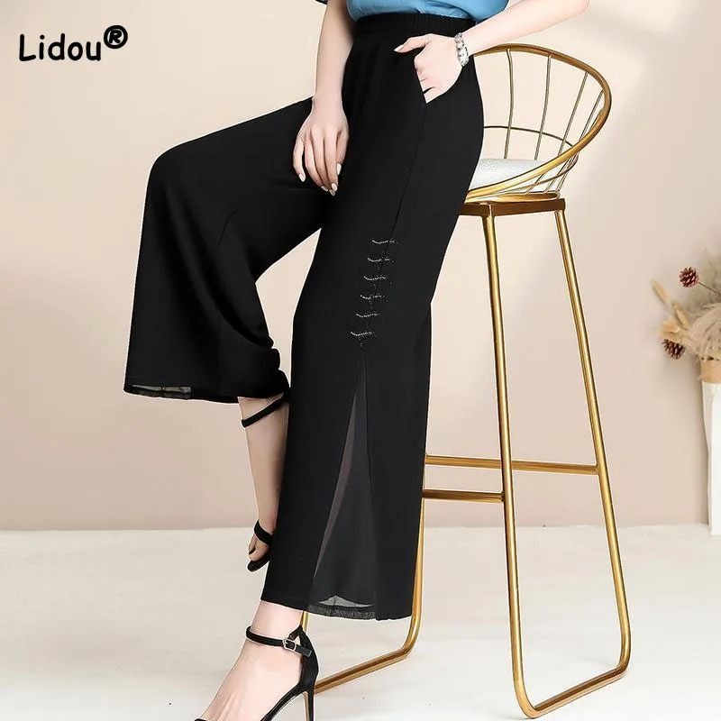 

Women's Clothing Casual Solid Color Summer Thin Cropped Pants Fashion All-match Loose Spliced Elastic Waist Wide Leg Trousers