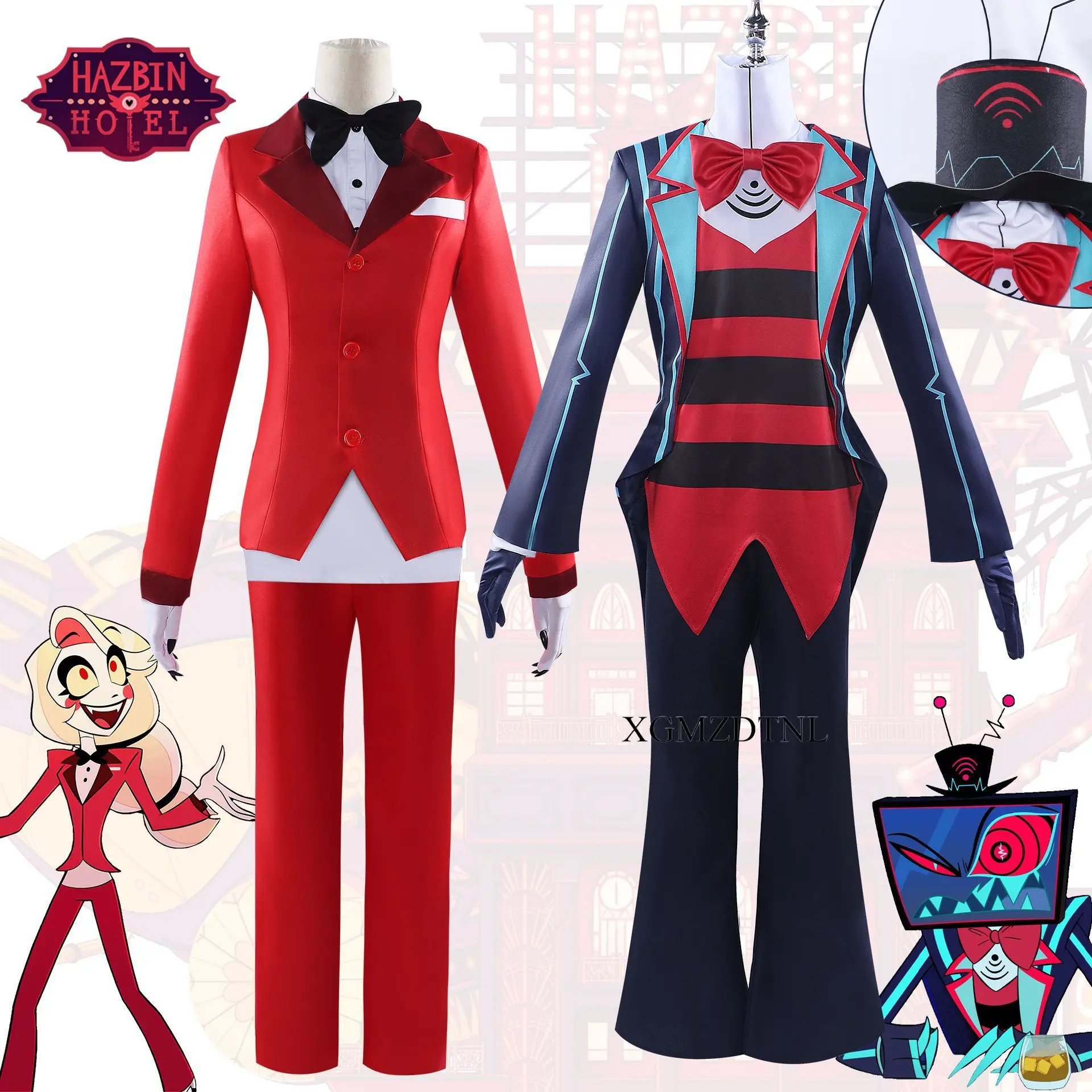 Anime Hazbin Cosplay Hotel Vox Alastor Lucyfer Charlie Morningstar przebranie na karnawał do odgrywania ról jednolite Cos garnitury mężczyzna kobieta stroje