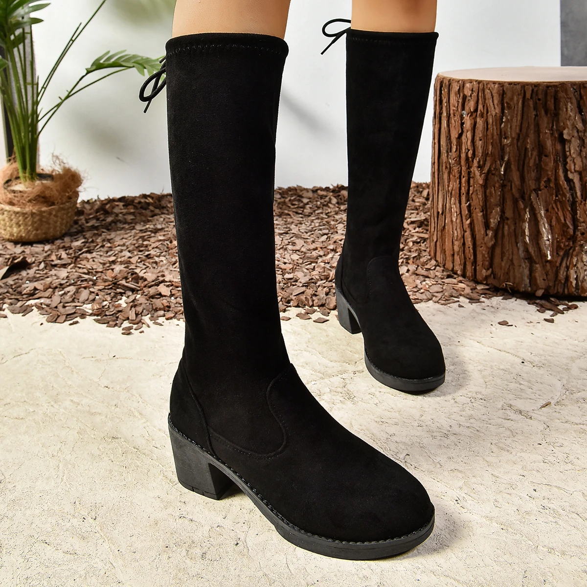 Nova moda cor sólida joelho-botas altas mulheres finas outono e inverno botas quentes de salto baixo preto botas longas tamanho 35-43