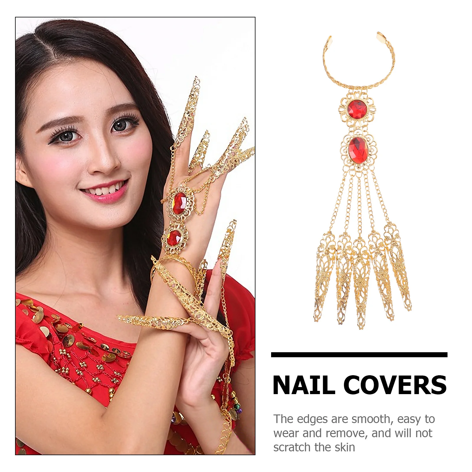 손목 체인이 있는 긴 금색 속이 빈 디자인의 손톱 커버 2개, 무대 공연 코스프레 장식용 손가락 끝 장식