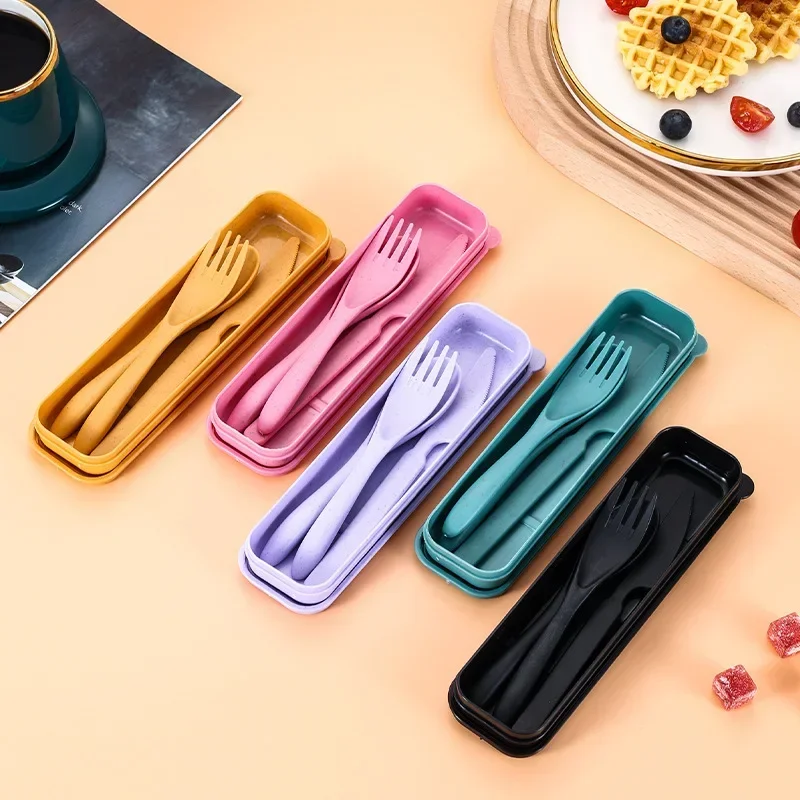 3PCS Spoon Fork Knife Cutlery Set Wheat Straw Portable Travel Lunch Tableware with Box Students Dinnerware Kitchen Accessories