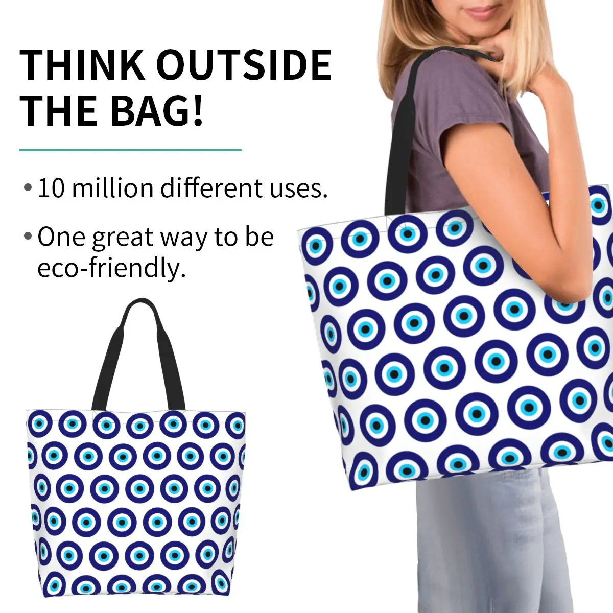 Magic Eye Five Set Evil Ey Shopping Tote Bag Canvas Large Capacity Shoulder Bags Shopper Grocery Handbag for Women