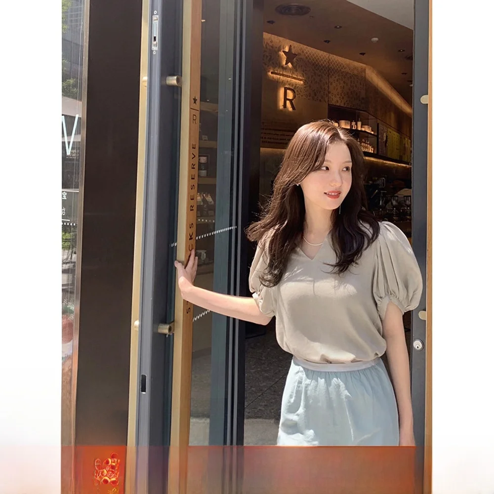 

Last Piece White irt Lantern Sve ort Sve Cotton Women's Premium Faion Straight Cut Spring Season Regular Length