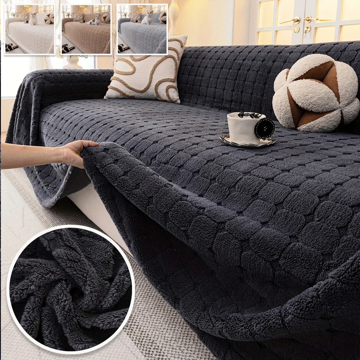 1pc Plush Sofa Cover, Modern Solid Color Checkered Pattern Sofa Towel for 1/2/3/4 Seater Couch Sofa L Shape Sectional Home Decor