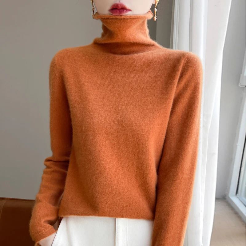 Women's 100% Wool Sweater Solid Female Pullover Turtleneck Lady Basic Soft Jumper Spring Autumn Winter Hot Sale Tops 19 Colors