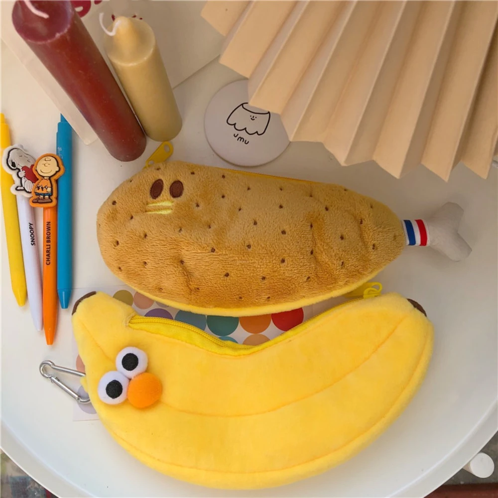 Frango Perna De Pelúcia Pencil Bag, Banana Shape Pencil Case, Saco de maquiagem cosmético de grande capacidade, Artigos de papelaria, Presente