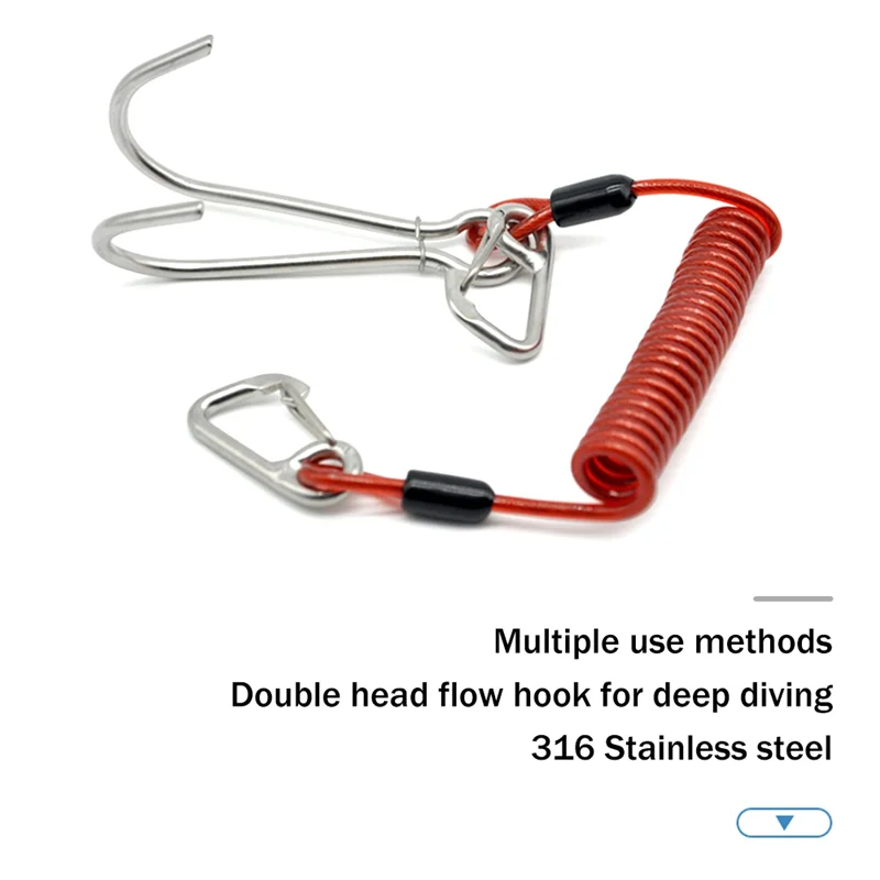 Double Head Dive Reef Rafting Hook Stainless Steel Reef Hook Spiral Coil Spring Cord Dive Safety Accessory - Orange