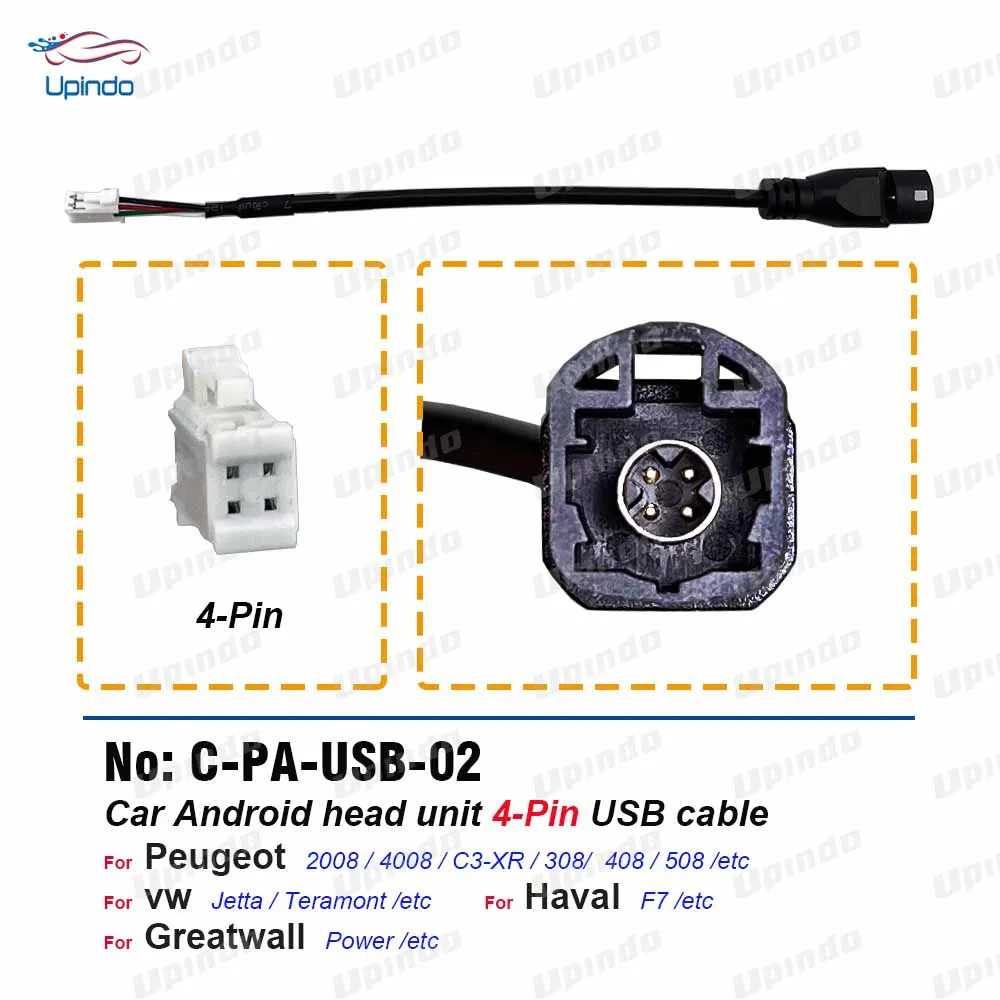 

4 Pin USB Cable Android Head Unit Wiring Harness Socket Adapter for Peugeot 308 408 508 VW Jetta Greatwall Power Haval F7 H7