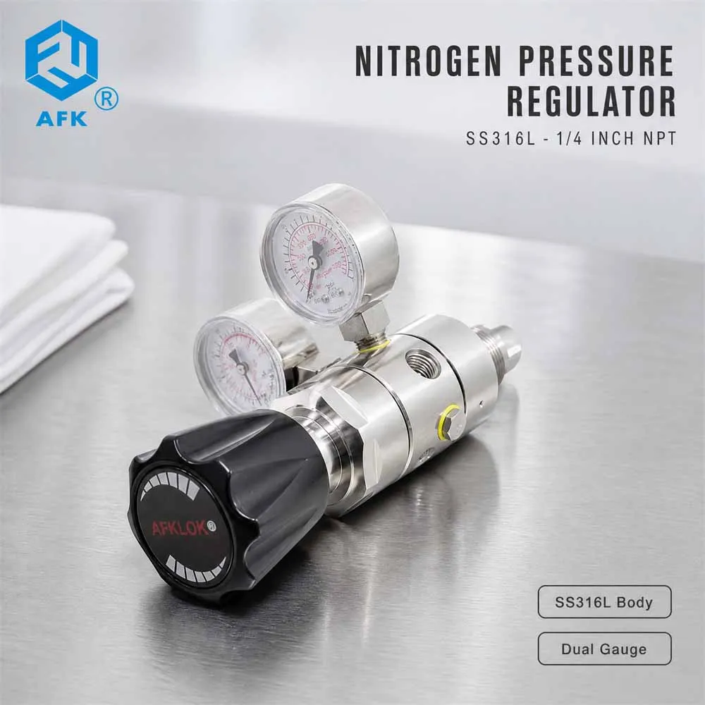 AFK Stainless Steel 316L High Purity Dual Stage Pressure Regulator 3500psi to 200psi Outlet for Nitrogen Argon Helium Oxygen