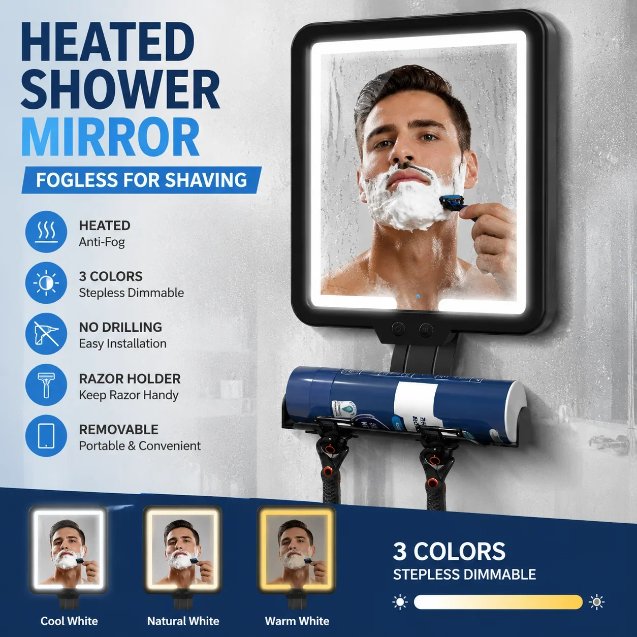 Fogless Shower Mirror for Shaving, Anti-Fog Bathroom Mirror with Razor Holder, Adjustable Wall Mounted Makeup Mirror for Men