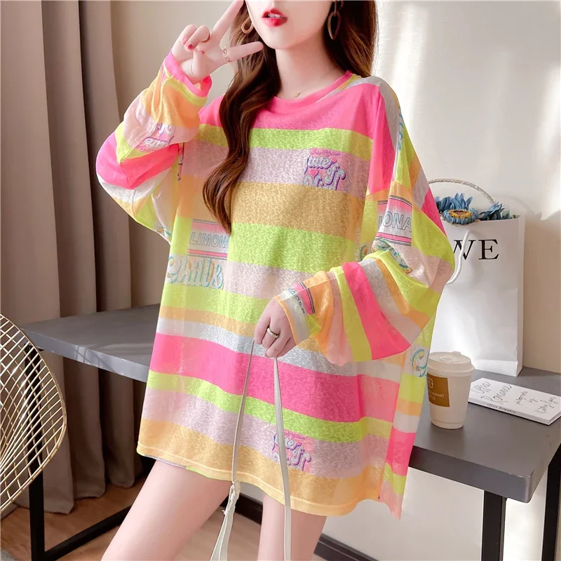 DAYIFUN Rainbow Striped T-shirts Women Oversize Transparent Tees Sexy Long Sleeve Harajuku Aesthetic Loose Casual Thin Mesh Tops