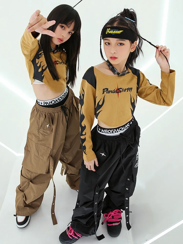 Traje de actuación de Jazz Kpop para niñas, ropa de escenario para niños, ropa de baile Hip Hop, Tops caqui, pantalones marrones, baile callejero para niños