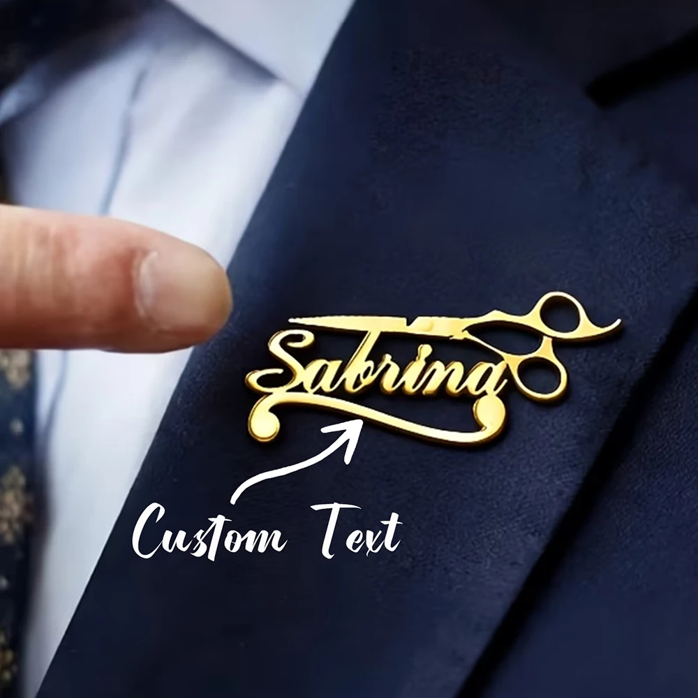 Custom Name Scissors Pin Personalized Hair Stylist Brooch Stainless Steel Badge Suit Collar Jewelry Gift for Barber Hairstylist
