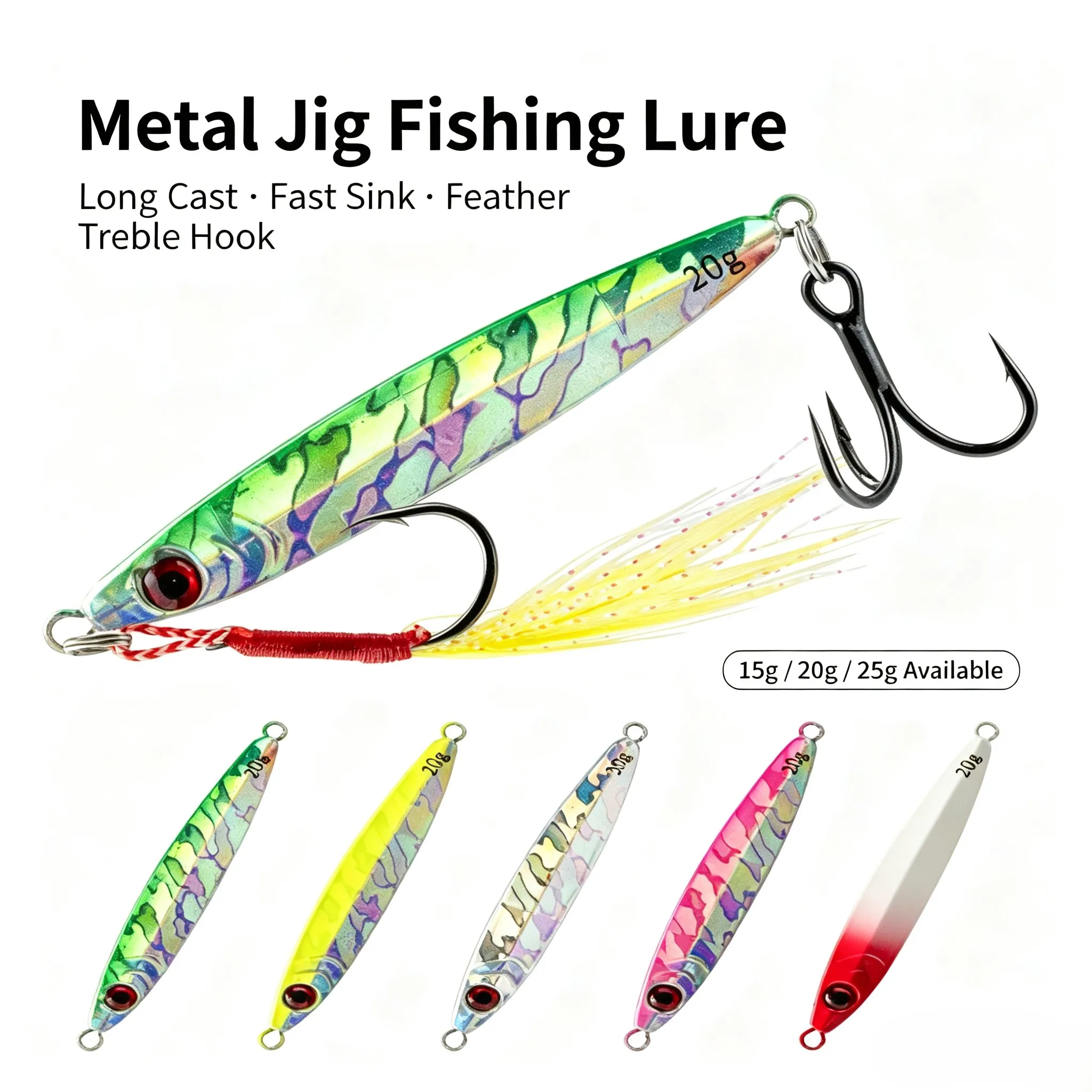 3Pcs Metal Jig Lure Set Asymmetric Fast Sink Jig Bait Feather Treble Hook 15g 20g 25g For Saltwater Freshwater Lure Fishing