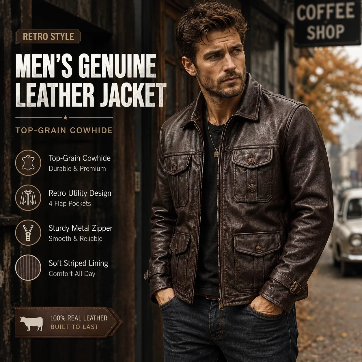 Men Brown Cowhide Leather Jacket Vintage Lapel Multi Pocket Moto Coat Top Grain Casual Retro Outerwear Streetwear Autumn Fashion