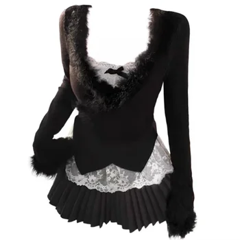 Herbst Winter 2000er Jahre American Sexy Spice Damen Kleidung Vintage V-Ausschnitt Tops + schlanke Spitzenweste + plissierter Minirock 3-teilige Sets