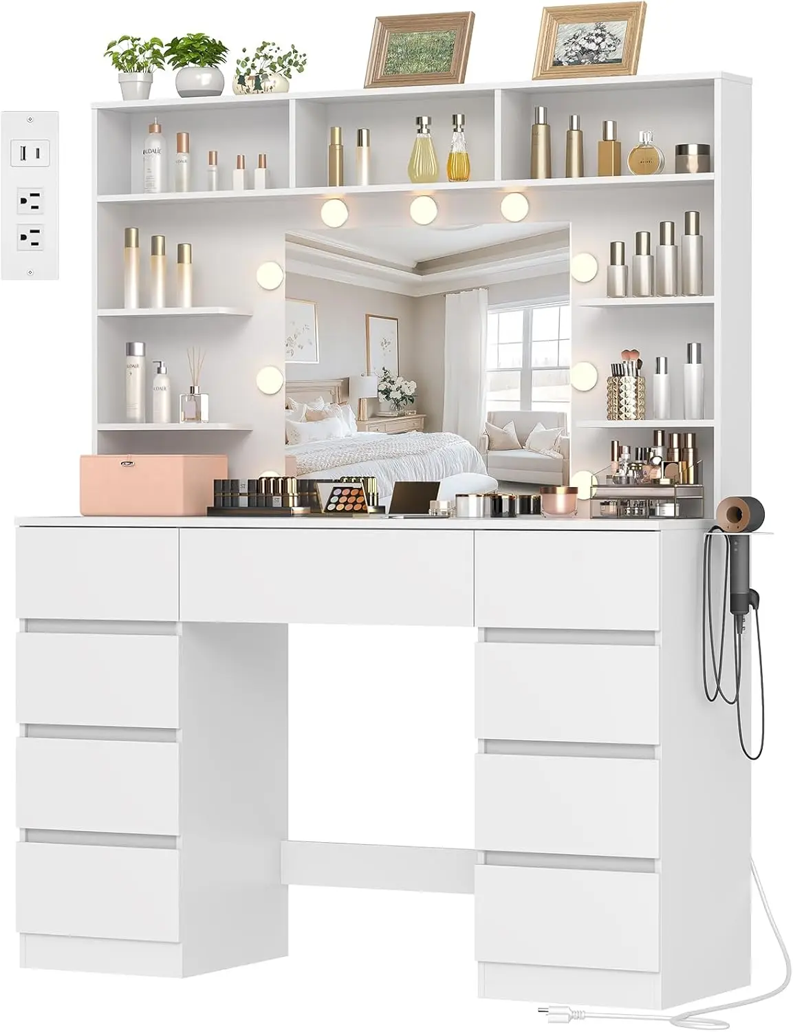 White Wood Makeup Vanity Desk for Bedroom with 9 Drawers, 7 Storage Shelves, Power Outlet & Adjustable LED Lights