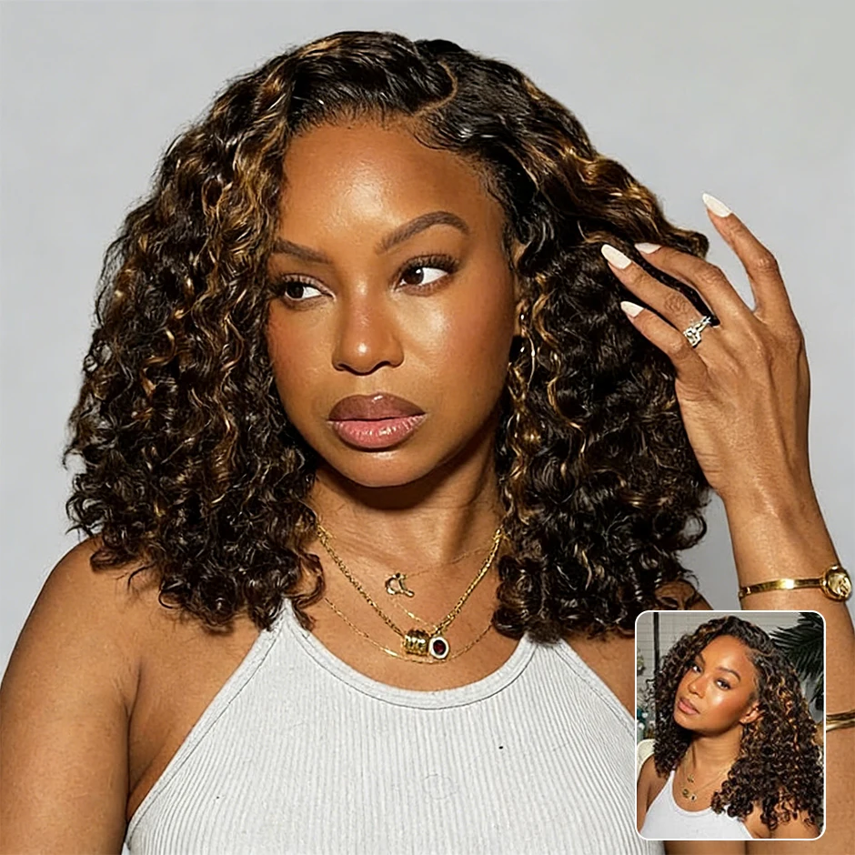 ISEE Hair #2/30 Ombre Water Wave 7×5 Glueless Wigs Human Hair Pre Plucked Pre Cut Highlight Curly Lace Frontal Wigs for Women