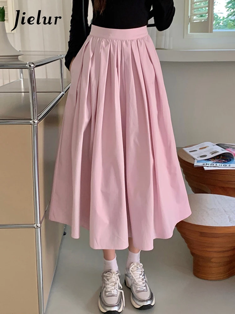 

Sweet Basic High Waist Pink Casual Loose A-Line Female Midi Skirts Korean New Fashion Elegant Office Ladies Simple Women Skirts