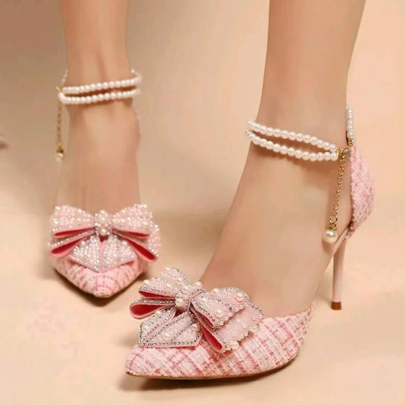 

Luxury Pearl Crystal Bowtie White Wedding Shoes Women Spring Brand Designer High Heels Pumps Woman Thin Heeled Party Shoes,34-42