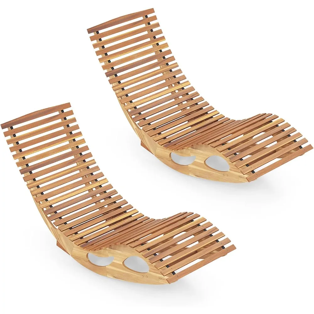 

Outdoor Chaise Lounge Chair Set of 2, Acacia Wood Rocking Sun Lounger with Slatted Backrest and Seat, Wooden Rocker Lounge Chai