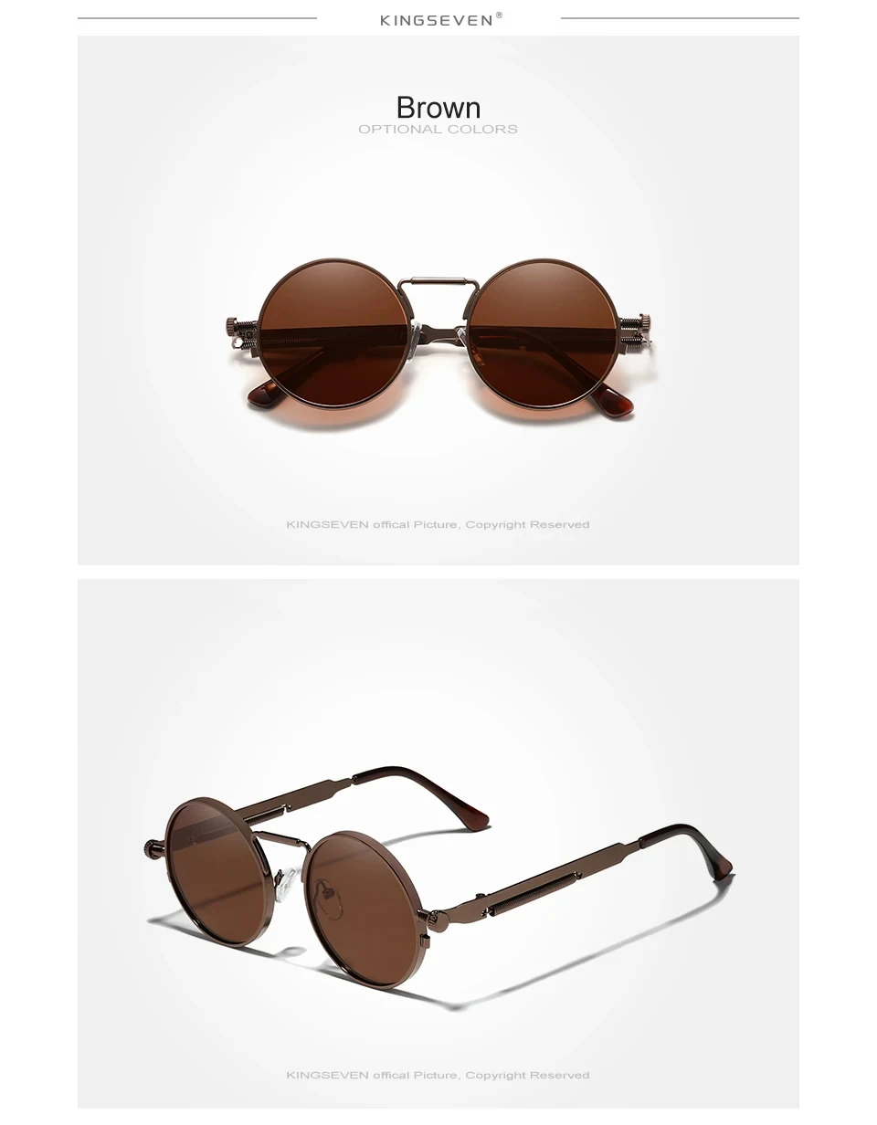KINGSEVEN Gothic Steampunk Sonnenbrille Polarisierte Hohe Qualität Männer Marke Designer Vintage Runde Edelstahl Rahmen Brillen – Detail 7