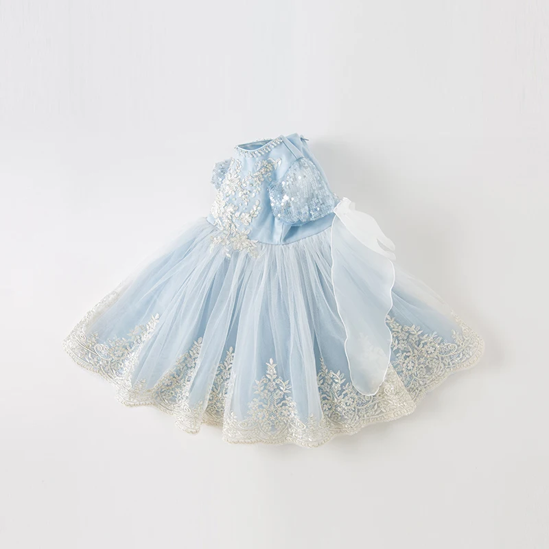 Dave Bella Pearl Embroidery Blue Gauze Back Bow Children\'s Dress  Princess Dress Party Dress DB2233966