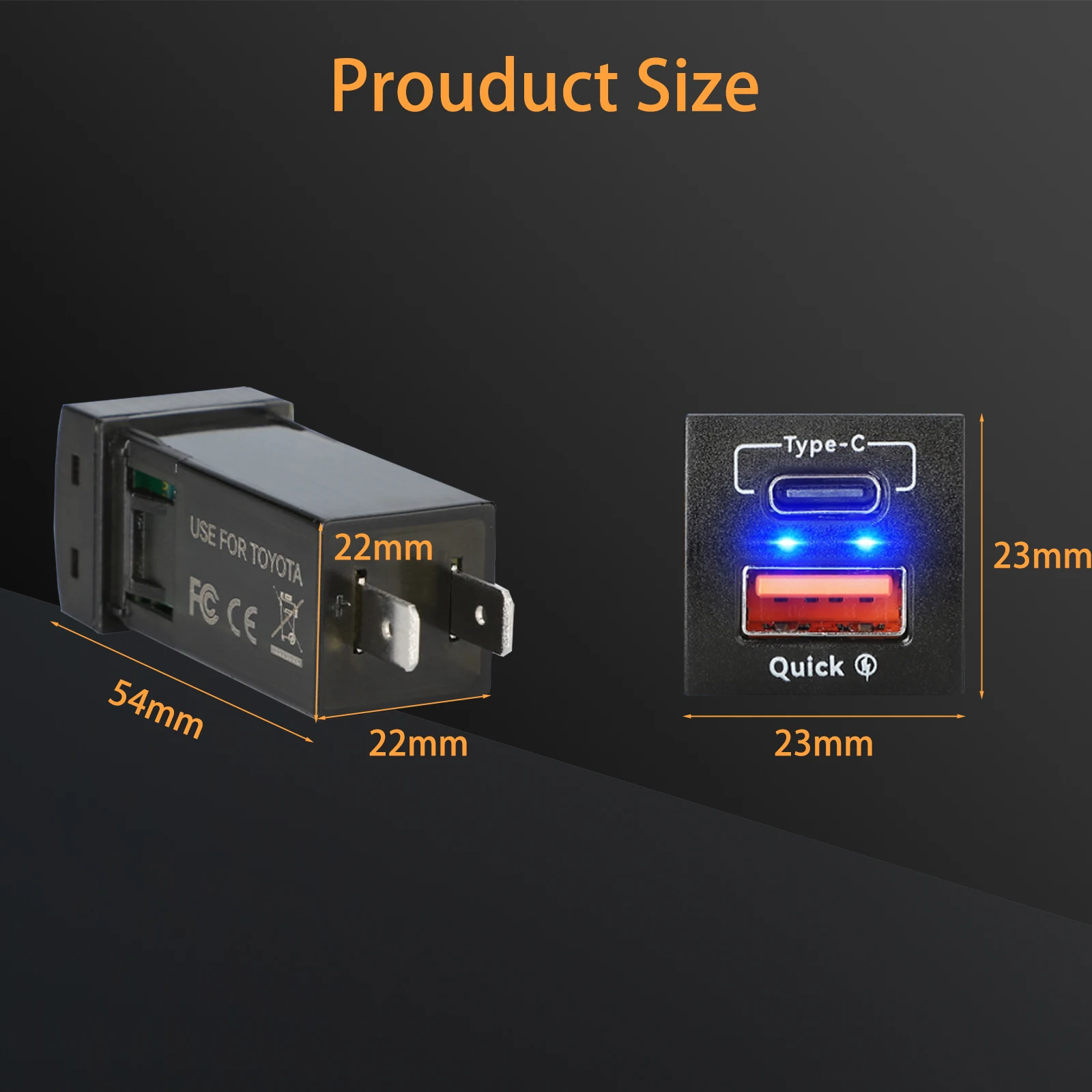 48W Fast Charger USB Type-C PD 2 Ports Push Switch Charger for Toyota Corolla Mobile Phone 12-24V Power Socket Adapter with Wire