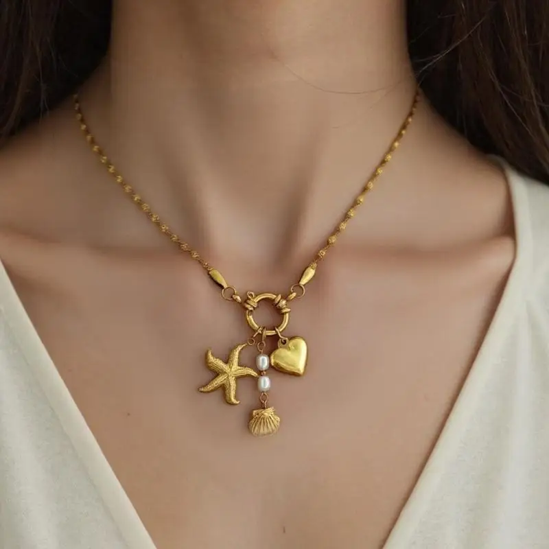 

C71F Fashionable Necklace Stainless Steel Heart Shell Pendant Necklace