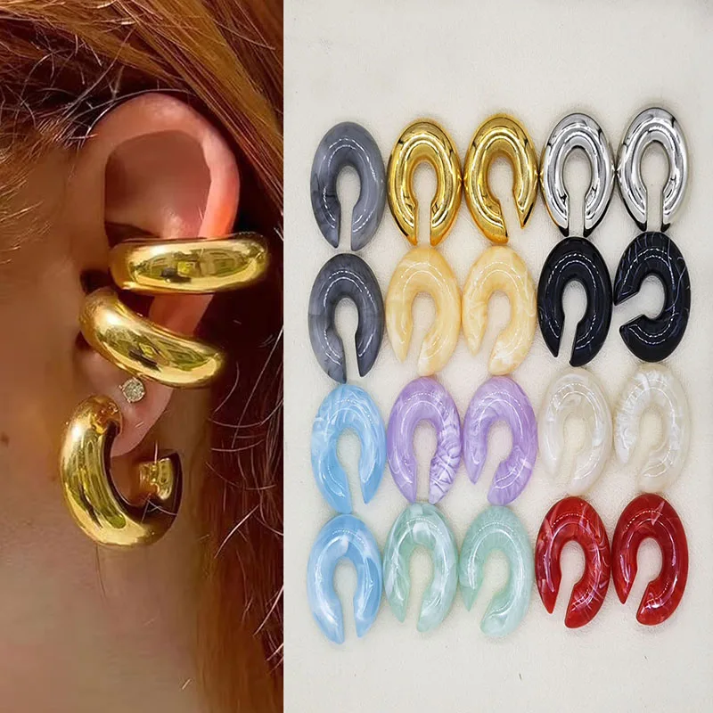 Smooth Colorful Circle Round Ear Clip Earrings For Women Simple C Shape Resin Without Piercing Fake Cartilage Ear Cuff Jewelry