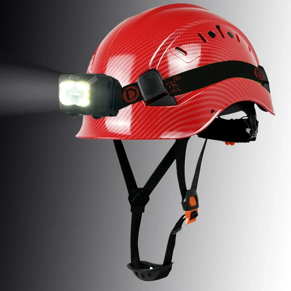 Carbon Fiber Color Safety Helmet With Led Head Light CE EN397 ABS Hard Hat ANSI Industrial Work At Night Head Protection