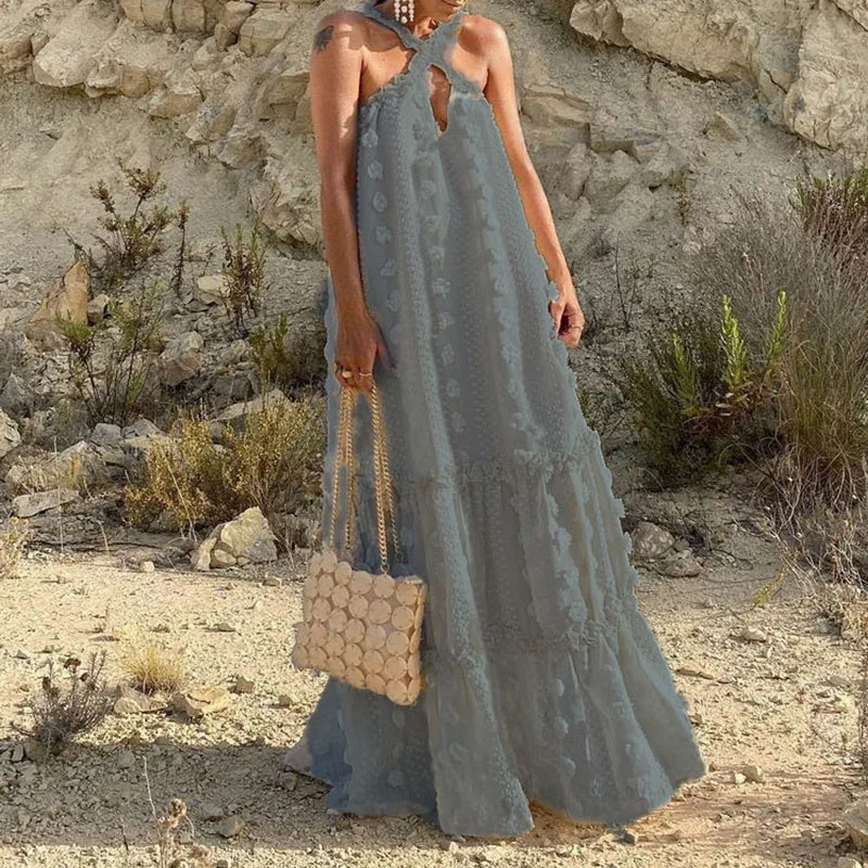 Bohemian Women's Summer Long Dress Sexy Boho Hanging Neck Sleeveless Beach Sundress Vacation Floral Evening Prom Maxi Dresses