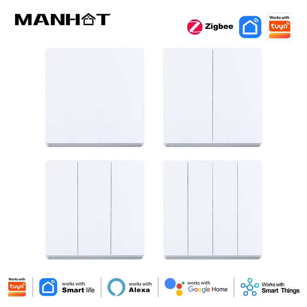 MANHOT Smart EU Zigbee Button Switch No Capacitor Wire Required 1/2/3/4 Gang Wall Light Switch Work With Tuya Alexa Google Home