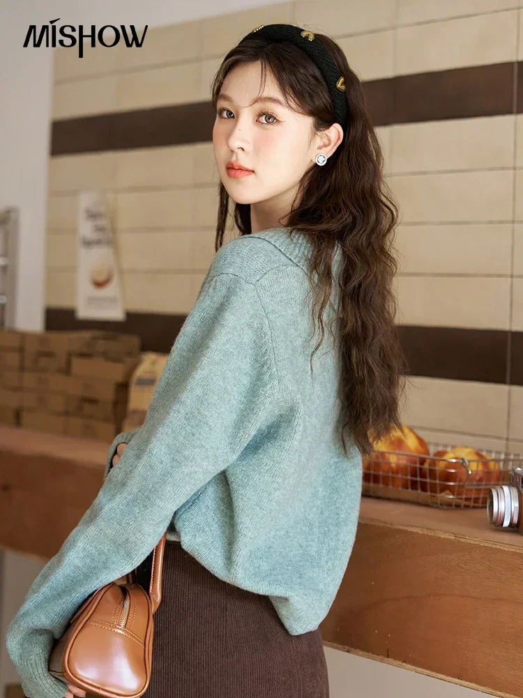 MISHOW Retro Single-breasted Knit Cardigan for Women Autumn Winter Peter Pan Collar Button Loose Solid Soft Tops MXC51Z0335