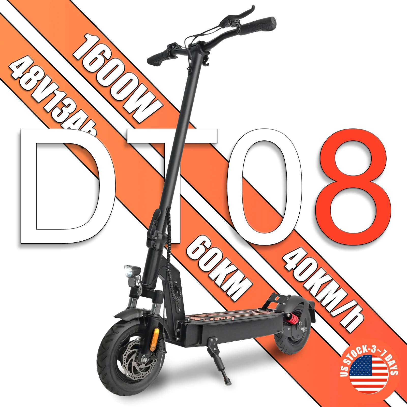 DT08 1600W Electric Scooter 40km/h Max Speed 48V13Ah Battery 50km Range Dual Suspension Shock Absorption Dual Disc Brakes 10'' Tires Foldable E-Scooter US Stock Direct