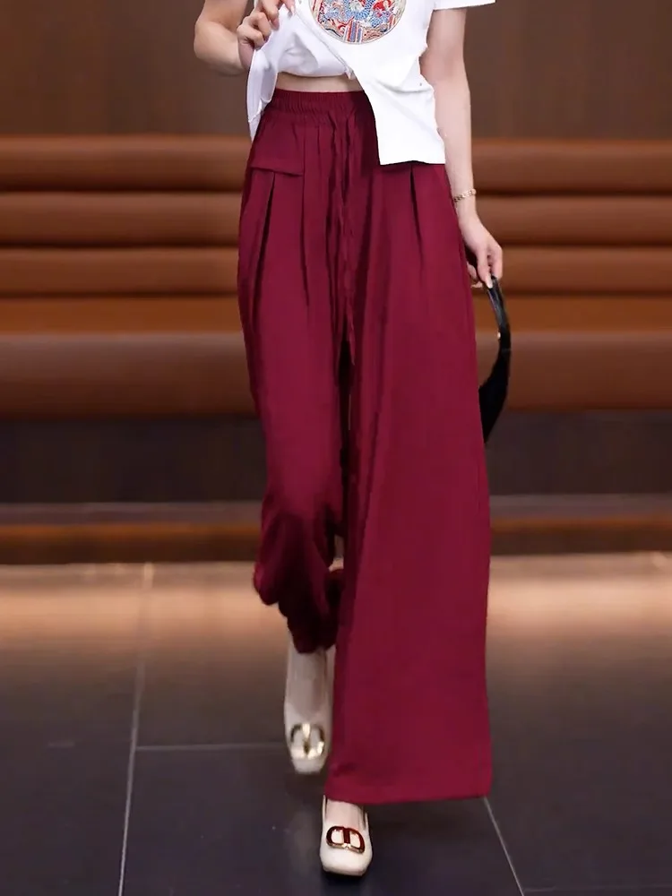 

Прямые брюки из ледяного шелка с высокой талией, широкие летние тонкие свободные драпированные женские брюки, юбка, повседневные брюки для поездок на работу